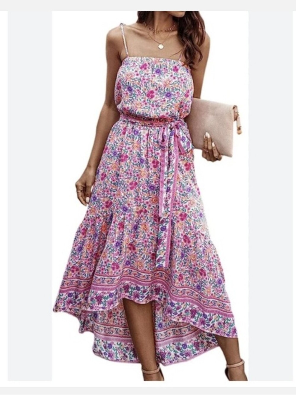 Ecowish 100%Cotton Feminine Pink Floral Tie Waist Sleeveless Midi Sundress Large